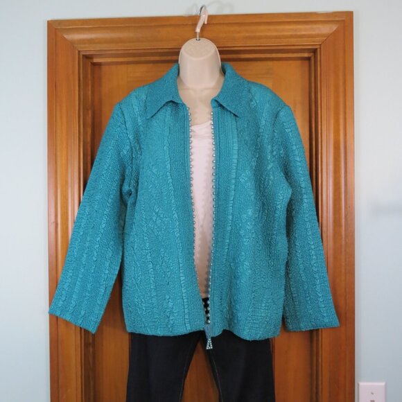 Magic It Fits Woman Bluegreen Crinkle Rhinestone Zip Up Long Sleeve Jacket XL-2X - Picture 5 of 8